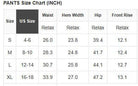 WILD GRACE 2 PC PANTS SET size chart displaying US sizes and measurements for pants.