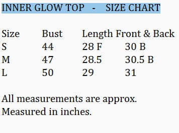 INNER GLOW TOP - Umgee size chart with measurements for S, M, and L sizes including bust and length details.