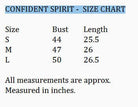 CONFIDENT SPIRIT TOP - Umgee size chart displaying bust and length measurements for S, M, and L.