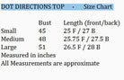 DOT DIRECTIONS TOP - Umgee (blacK) size chart detailing bust and length measurements in inches.