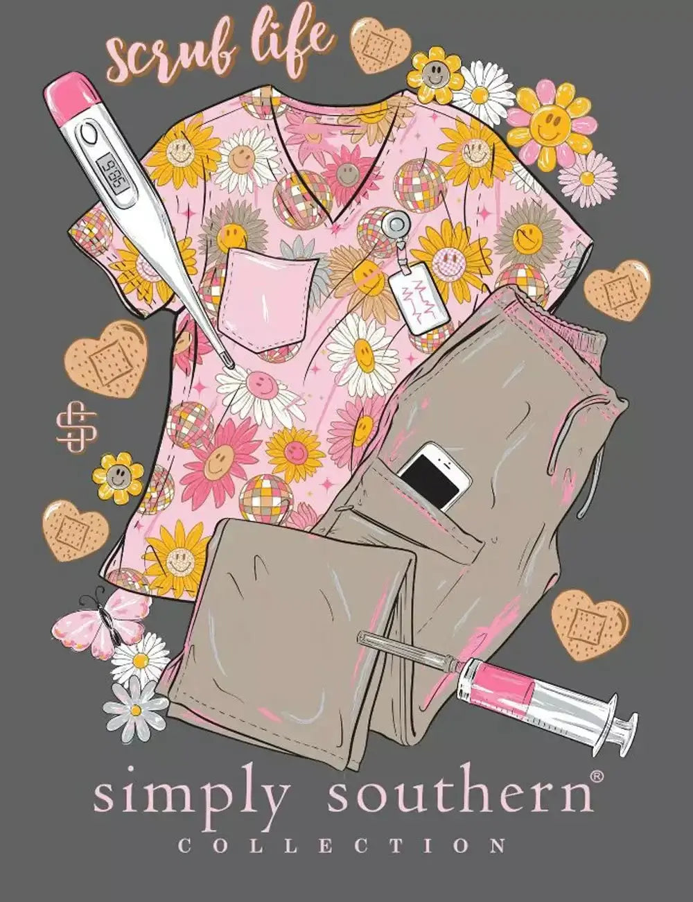 Colorful Simply Southern Scrub Life tee design with floral scrub top, pants, and medical tools.