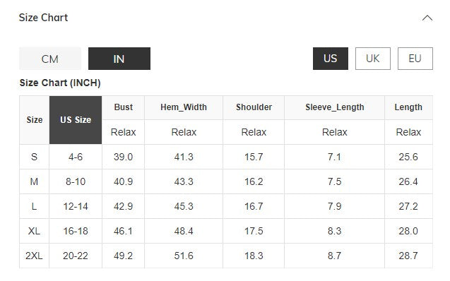 T-shirt size chart in inches for US sizes S to 2XL, showing bust, hem width, shoulder, sleeve length, and total length measurements.