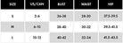 Size chart with bust, waist, and hip measurements for S, M, and L in US/CAN sizes.