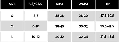 Size chart with bust, waist, and hip measurements for S, M, and L in US/CAN sizes.