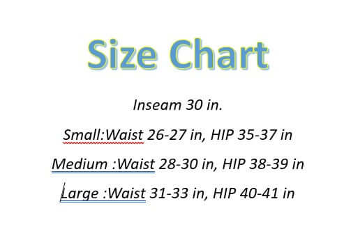 Size chart for Blue Mist Chenille Pants showing inseam and waist measurements for small, medium, and large sizes.