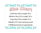 Size chart for Bronze Beauty Dress with bust and length measurements for small, medium, and large.