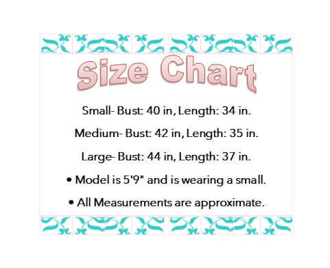 Size chart for Bronze Beauty Dress with bust and length measurements for small, medium, and large.