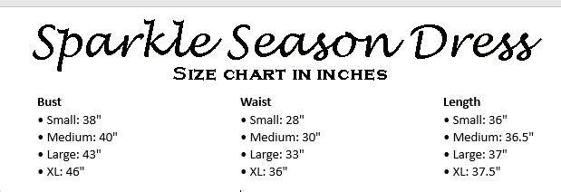 Size chart for SPARKLE SEASON DRESS showing bust and length measurements in inches for various sizes.