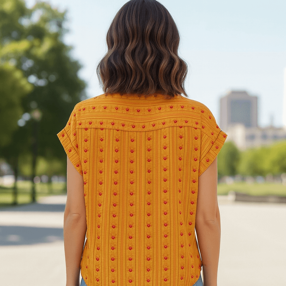 Back view of Hello Happiness Top by Umgee, showcasing cheerful orange hues and heart motifs in a sunny outdoor setting.