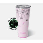 Spooky Spiders Glow in Dark Tumbler 32oz by Swig Life, featuring bats and spiders on a pink background.