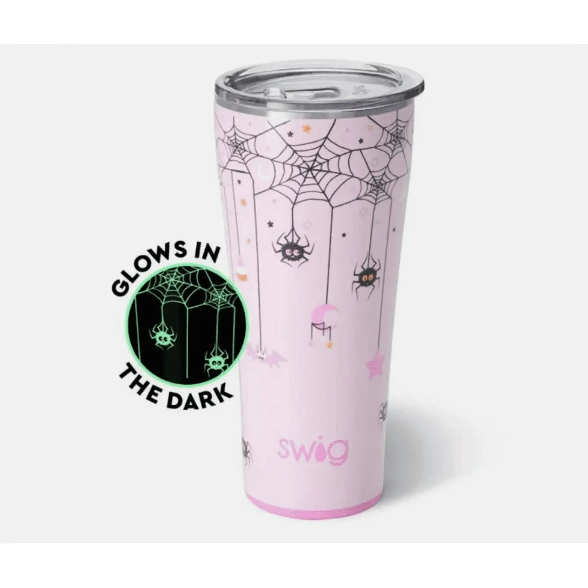 Spooky Spiders Glow in Dark Tumbler 32oz by Swig Life, featuring bats and spiders on a pink background.