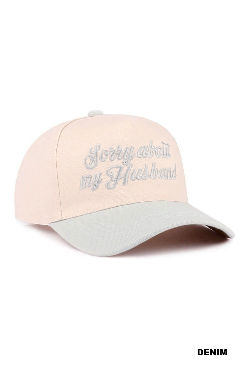 SORRY ABOUT MY HUSBAND HAT (6 colors) in cream with gray embroidery, perfect for casual outings and girls’ trips.