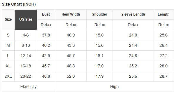 Size chart for URBAN SAFARI TOP showing US sizes, bust, hem width, shoulder, sleeve length, and overall length.