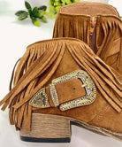 Copper brown Rodeo Girl boots with fringe, antique gold buckle, and faux suede texture by Very G. Heel height: 1.5 inches.