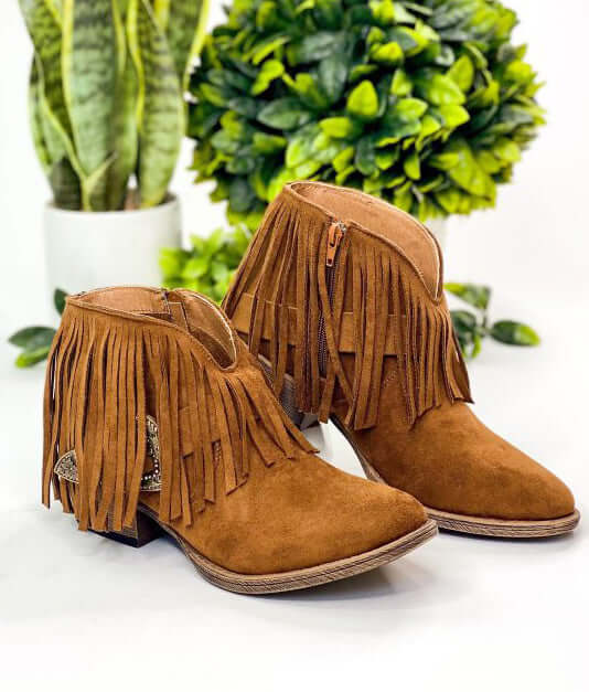 Rodeo Girl copper brown boots by Very G with fringe, rhinestone buckle, faux suede exterior, and padded insoles, 1.5-inch heel.