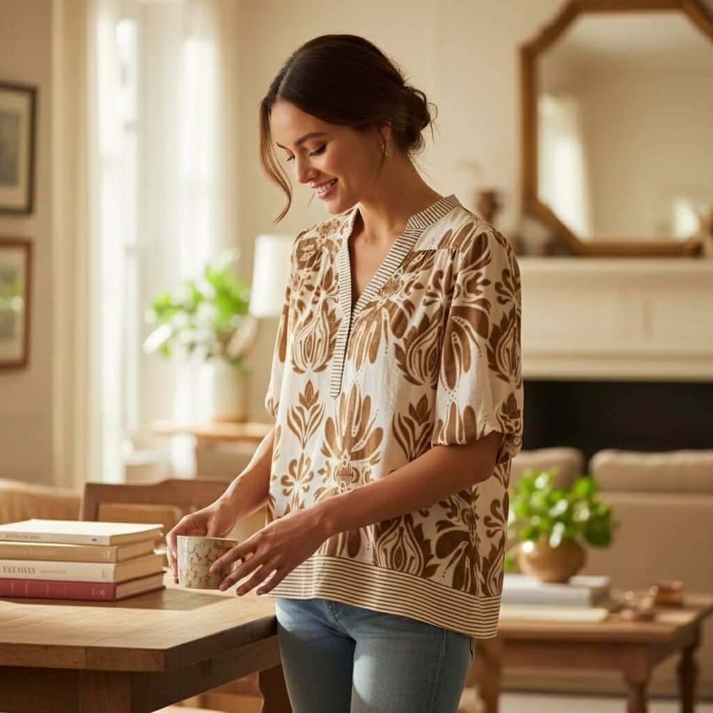 Woman wearing the SOFT STRUCTURE TOP - She + Sky, enjoying a cozy indoor setting with floral design and light neutral colors.