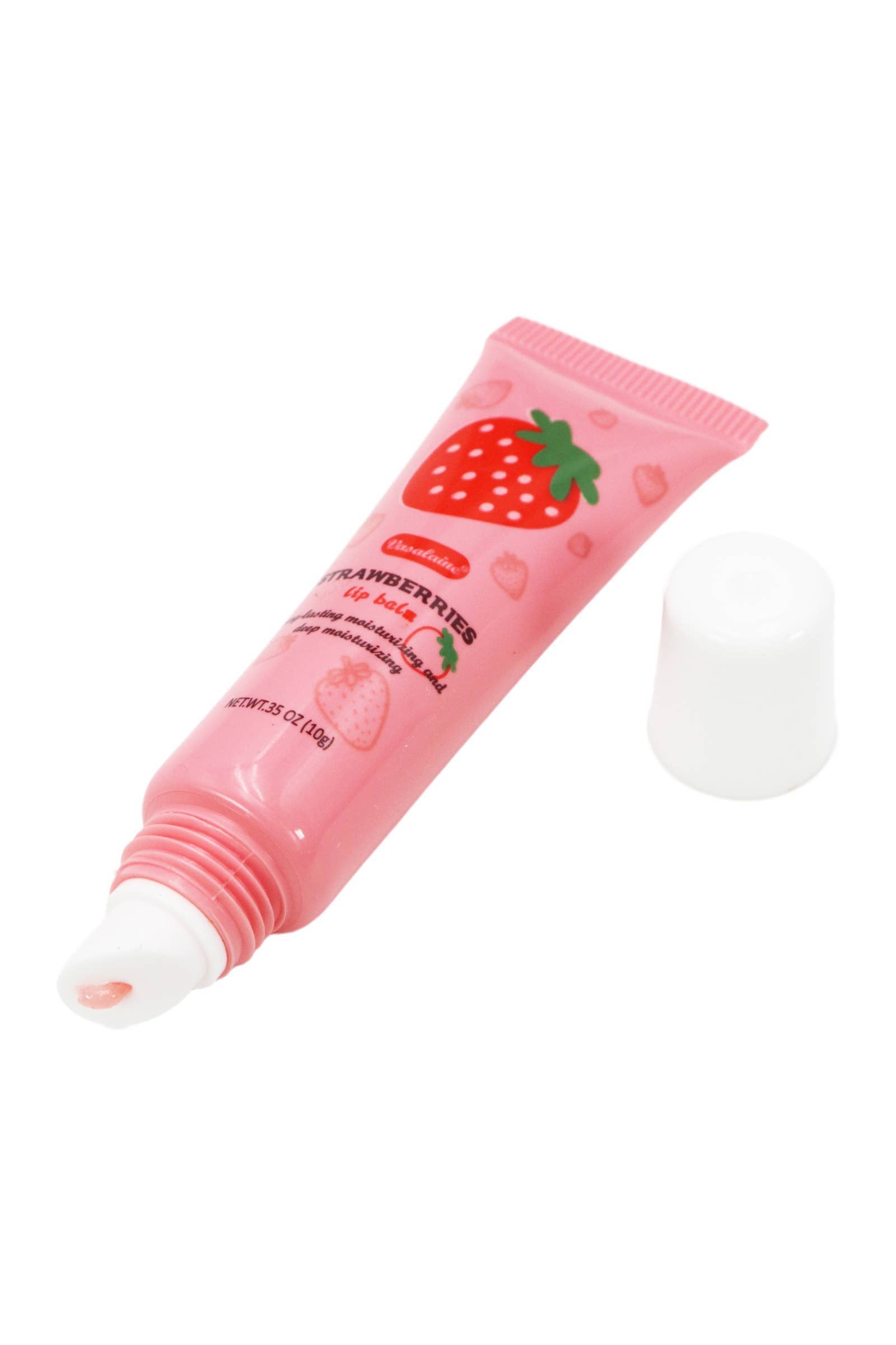 Strawberry Scented Gel Lip Balm Squeeze Tube - 36 Pcs in a pink tube with a white cap and strawberry design.