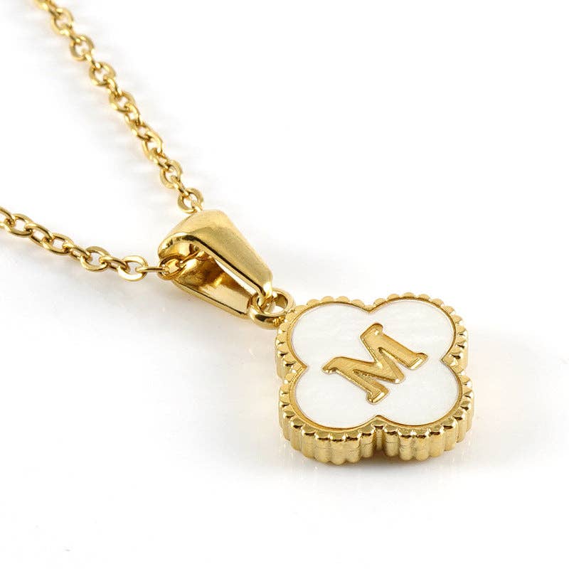 Clover Shell Initial Charm 18K Golden S.Steel Necklace - FGS with gold chain and white shell pendant