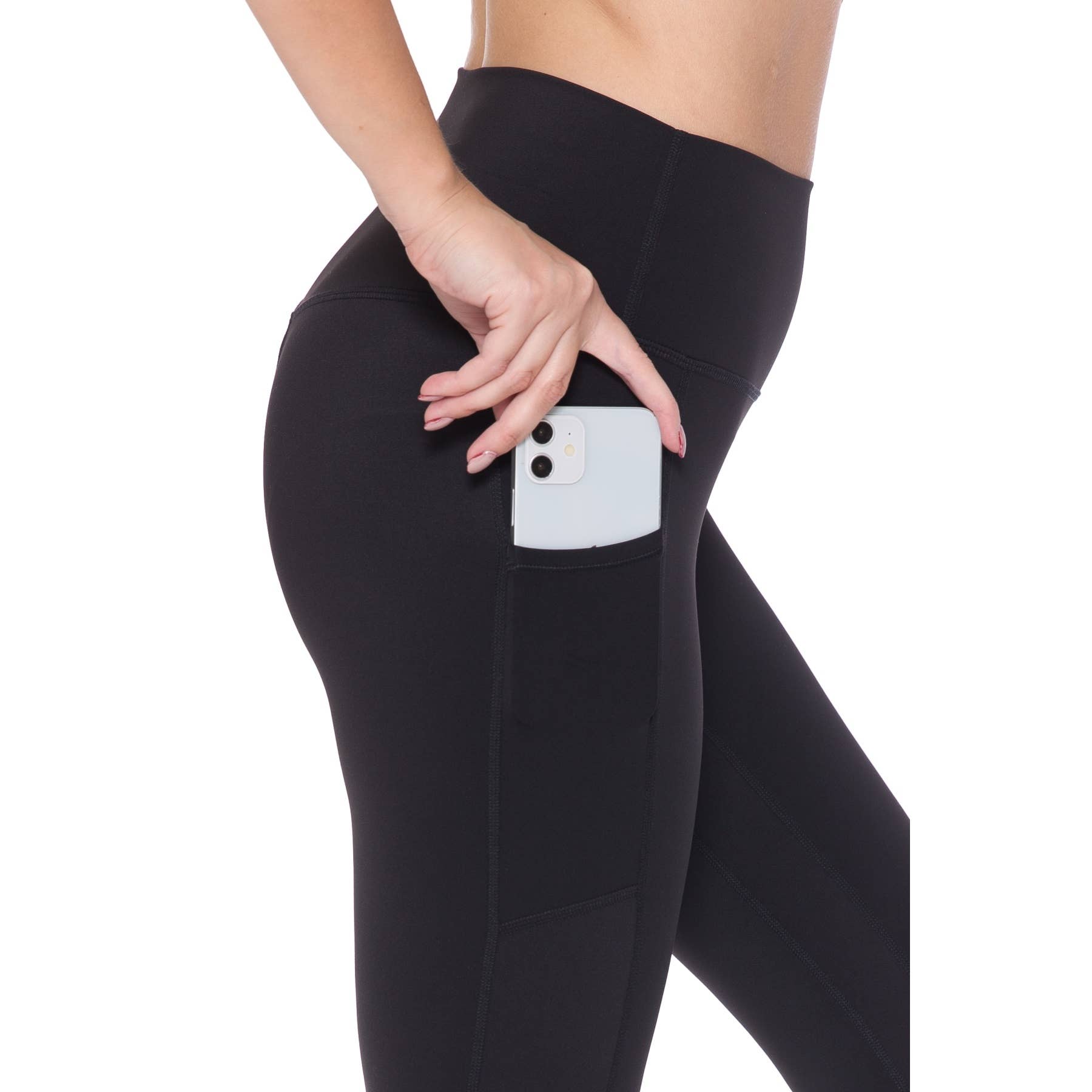 Woman wearing black MOVE YOURSELF LEGGINGS by Fit USA, featuring a pocket holding a smartphone, ideal for gym and everyday wear.