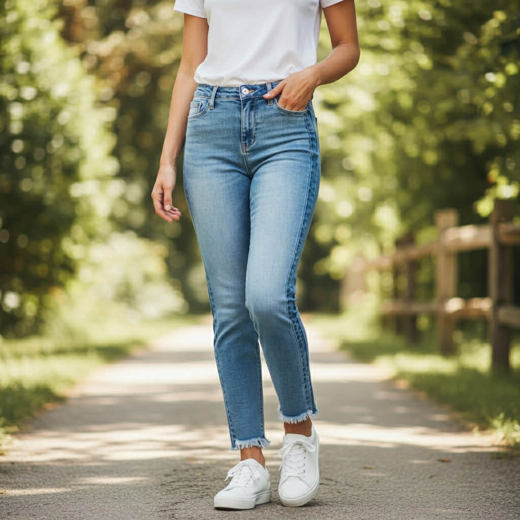 JUDY BLUE - HADLEY JEANS on a model walking in a sunny outdoor setting, showcasing high-rise fit and frayed hem.