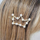 Pearl and rhinestone hair pin set showcased in elegant hair styling, featuring a crown design with 12 shimmering pieces.