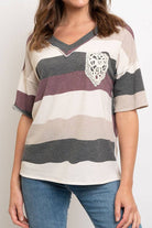 V-neck lace pocket patch stripe top in gray, burgundy, and cream, made from polyester and spandex, model wearing size small.