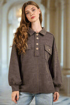 NT11852X-PLUS Collared Button Down Henley Knit Top with pockets, oversized fit, front chest pockets, and hi-lo hem.