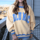 LULU MAC SOCIAL SOCIETY CREW (Butter/Cornflower) sweatshirt styled with cornflower blue stitching.