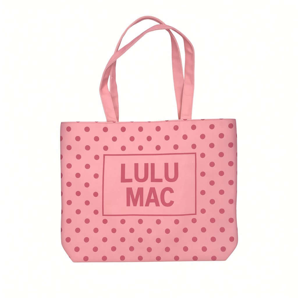 LULU MAC DOT & DASH TOTE BAG (4 colors) in pink with polka dots and signature logo, perfect for carrying essentials.