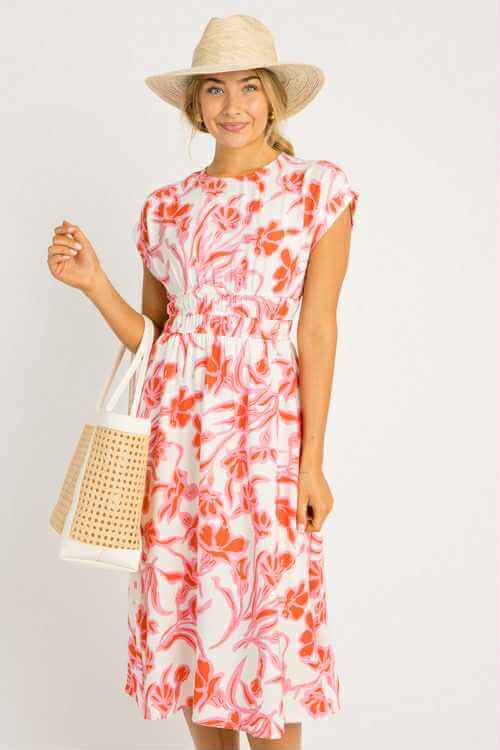 Vibrant floral midi dress by She + Sky, featuring dolman sleeves, elastic waistband, and pockets, perfect for summer outings.