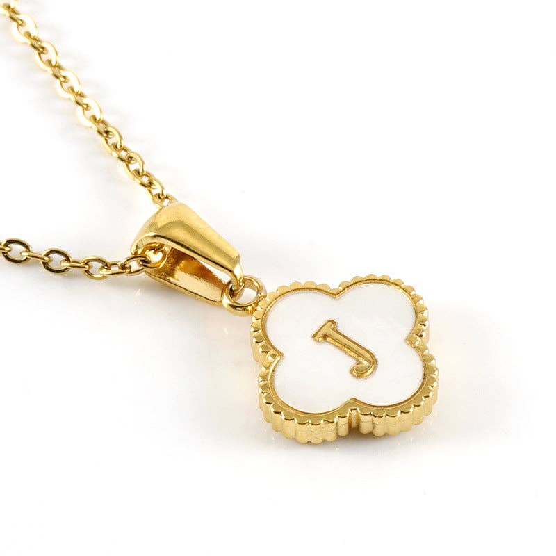 Clover Shell Initial Charm 18K Golden S.Steel Necklace - FGS with a J pendant charm and gold chain.