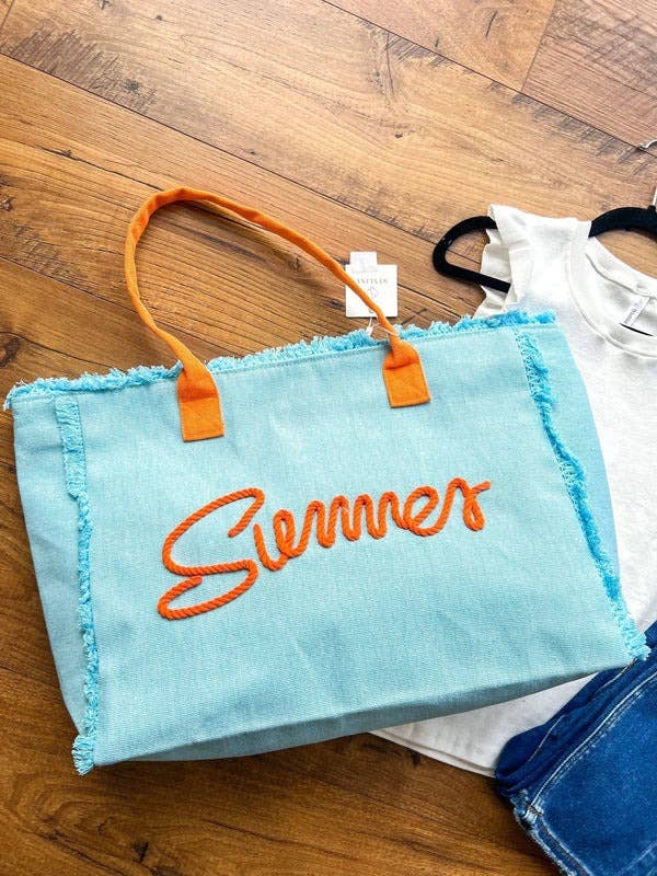 Chic SWEET SUMMERTIME TOTE BAG in sky blue with tangerine accents, perfect for summer adventures.