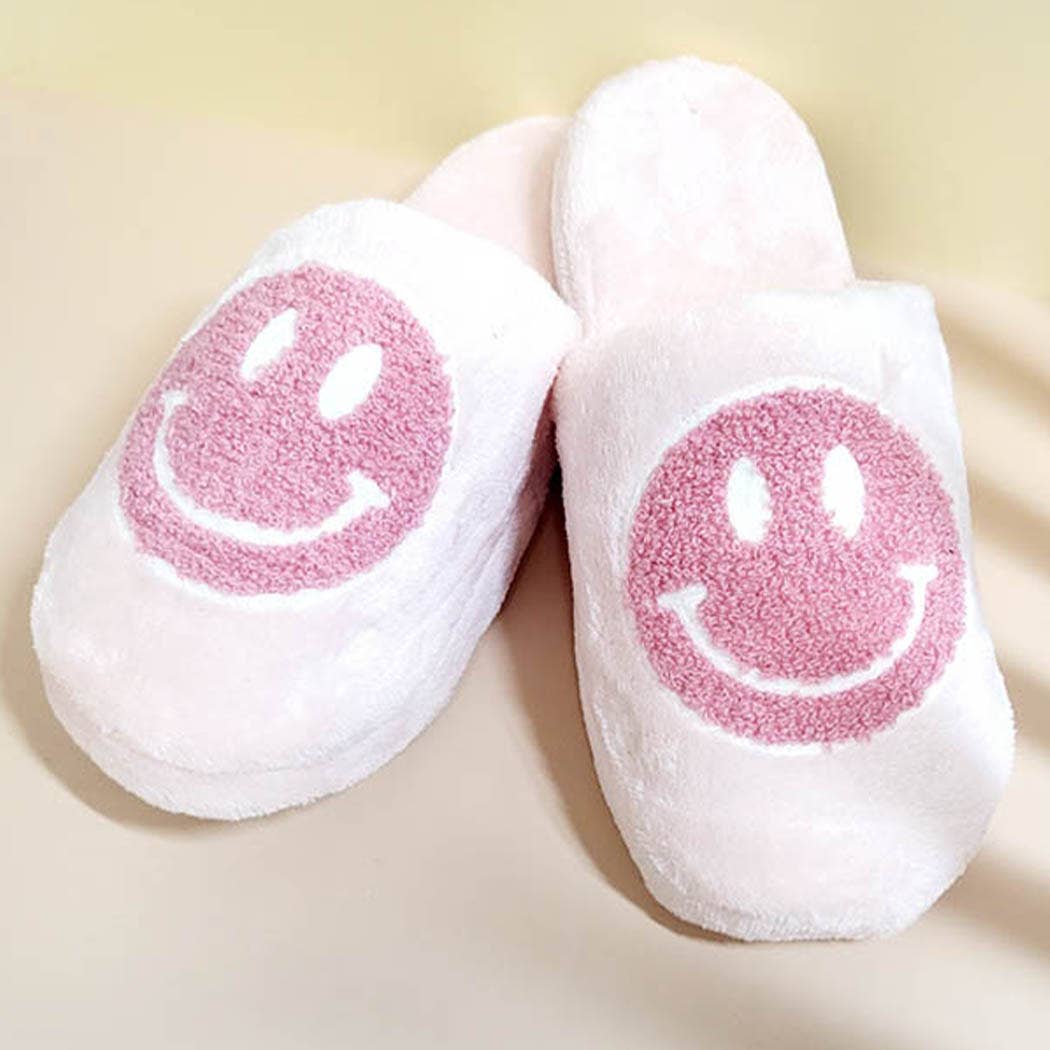 Pink smiley face indoor slide slippers for women, perfect for cozy and stylish indoor wear.