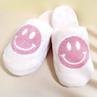 Pink smiley face indoor slide slippers for women, perfect for cozy and stylish indoor wear.