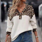 Chic Instincts Top: White leopard waffle knit patchwork button V-neck top, soft and breathable, perfect for this weather.
