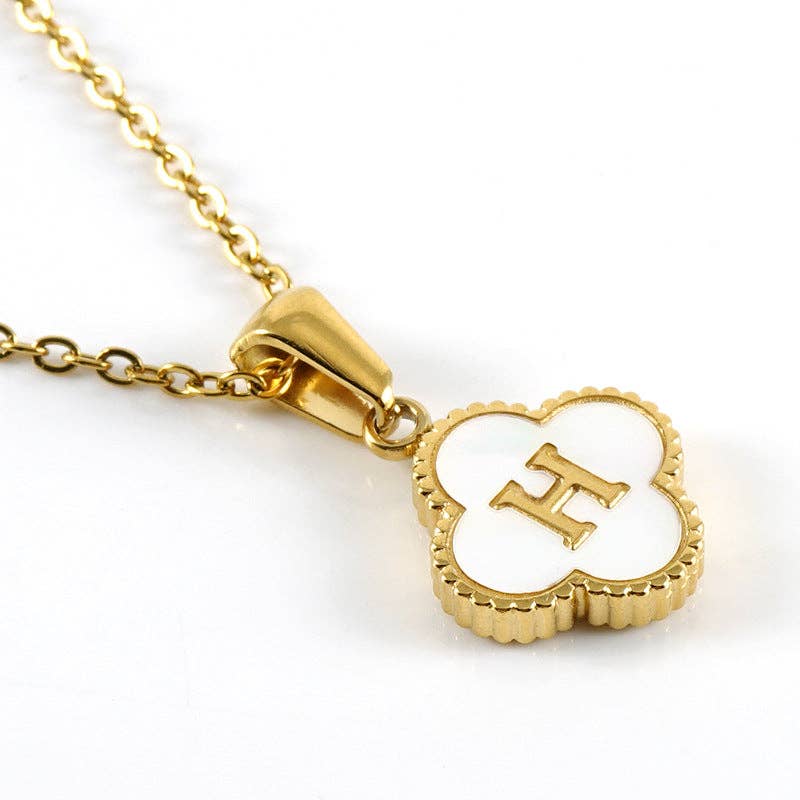 Clover Shell Initial Charm 18K Golden S.Steel Necklace - FGS showcasing a gold pendant with an 'H' on a chain.