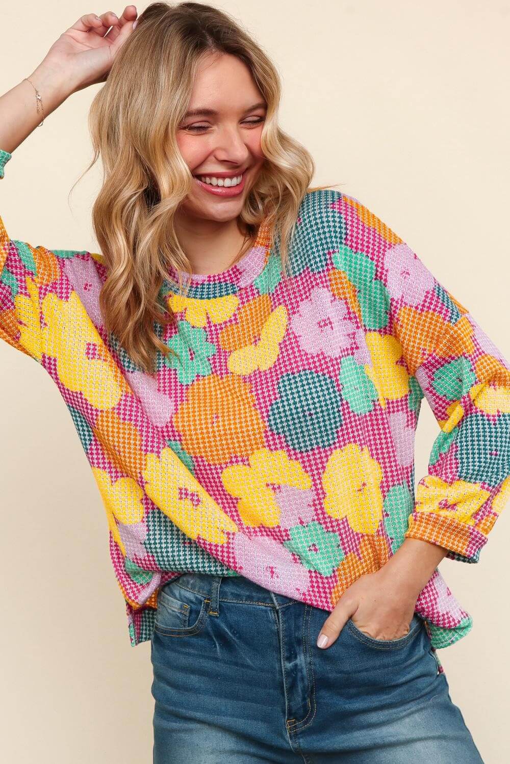 Colorful floral Happy Daze Top by Haptics, featuring a waffle knit design and cheerful pink, yellow, and green patterns.