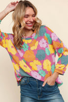 Colorful floral Happy Daze Top by Haptics, featuring a waffle knit design and cheerful pink, yellow, and green patterns.