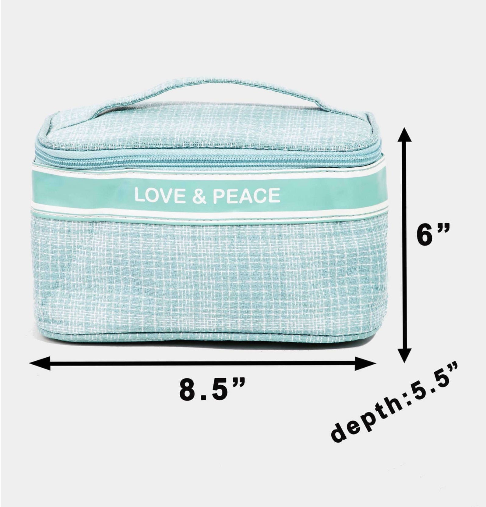 Love & Peace cosmetic bag with elegant design, dimensions 8.5" L x 5.5" D x 6" H, perfect for stylish organization.