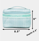 Love and Peace striped handle bag measuring 8.5" L, 5.5" D, and 6" H, perfect for chic styling.