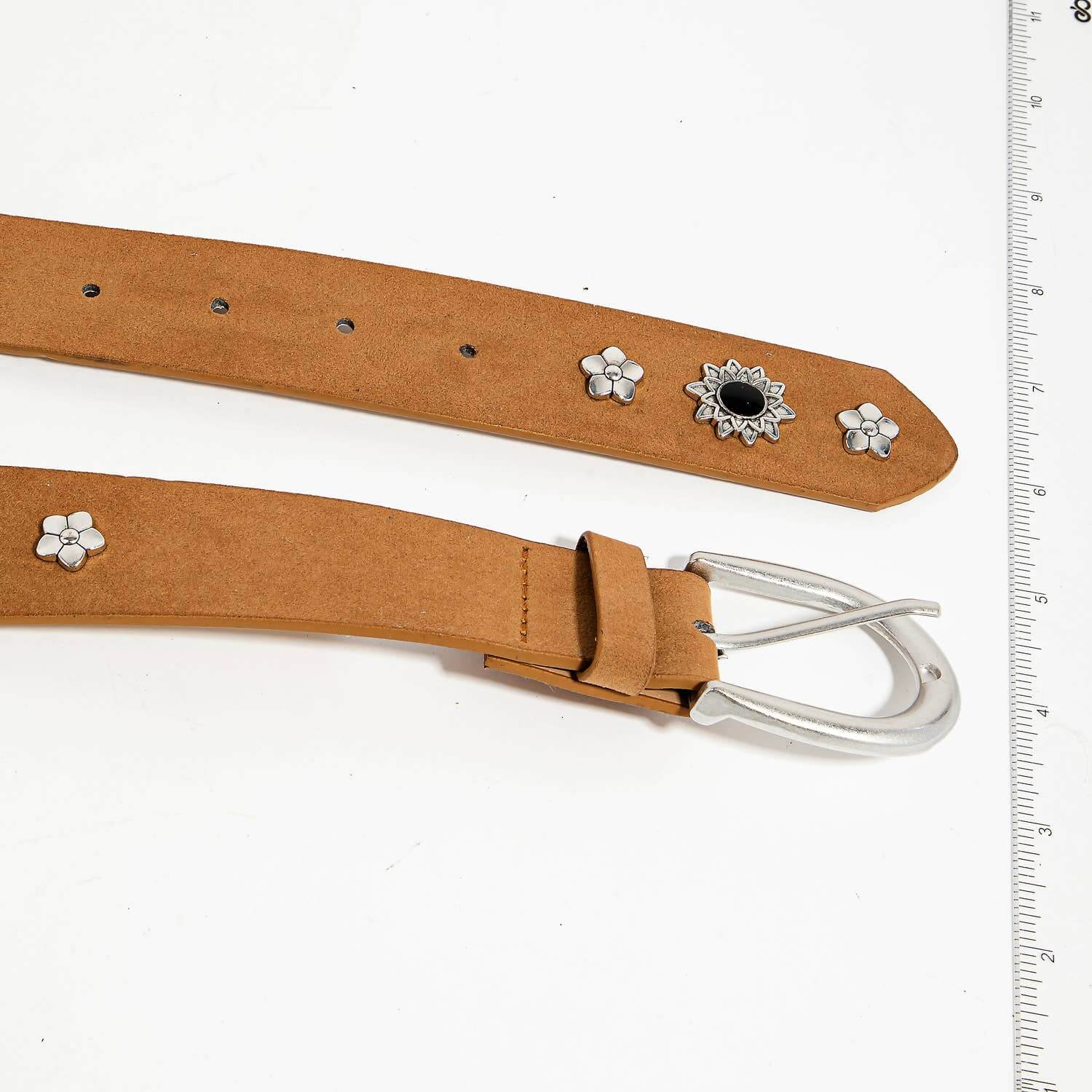 Flower studded belt in tan PU material with silver buckle and floral embellishments, measuring L: 41 inches.