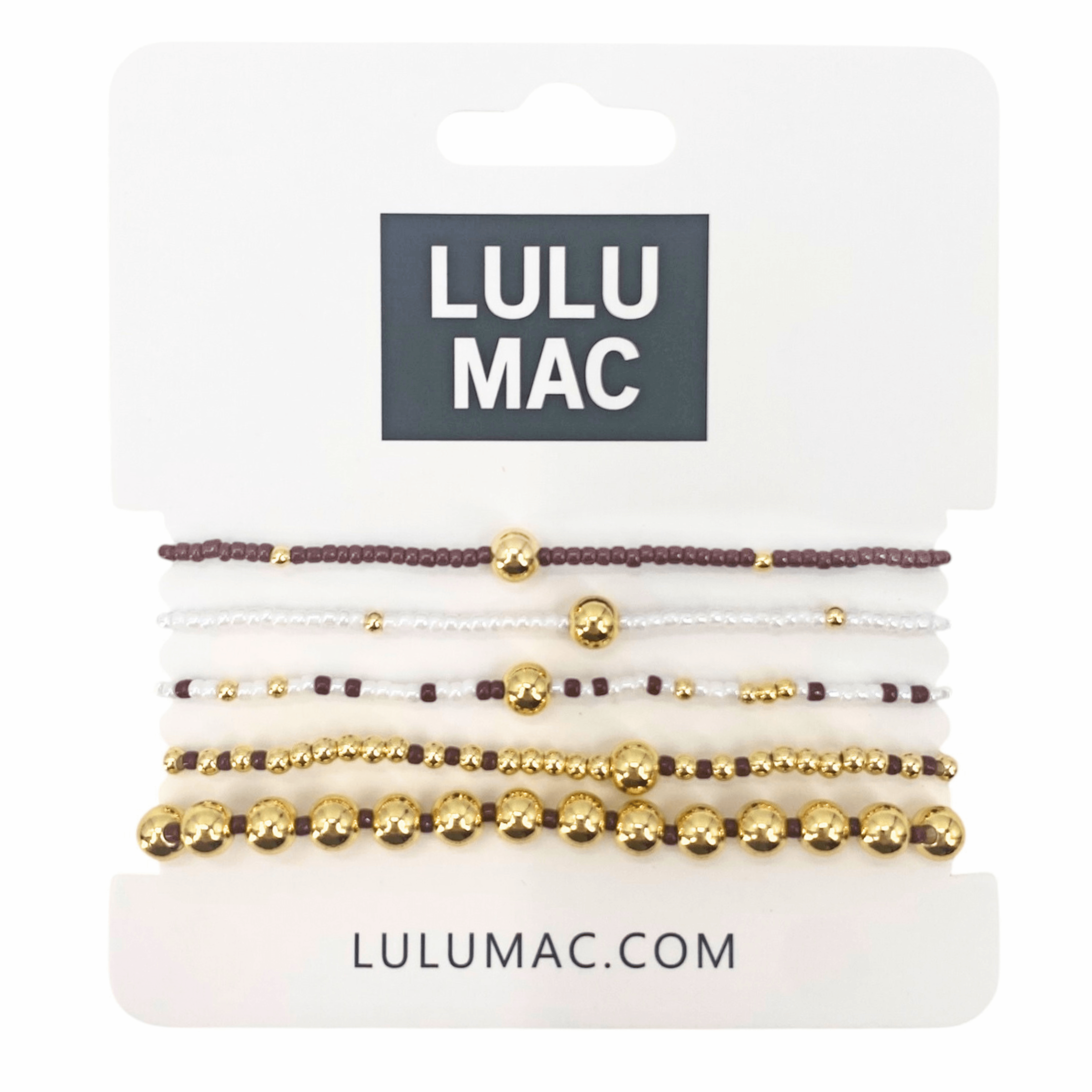 LULU MAC STACKED SERENITY 5 BRACELET SET (maroon/wht) featuring maroon, white, and gold beads on a display card.