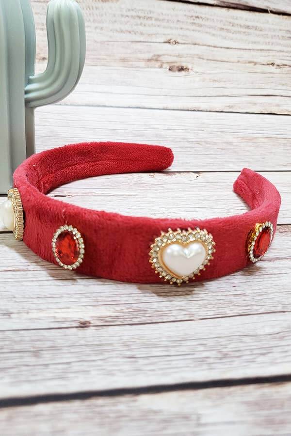 Heart pearl embellished headband with red fabric and decorative stones, perfect accessory for stylish looks.