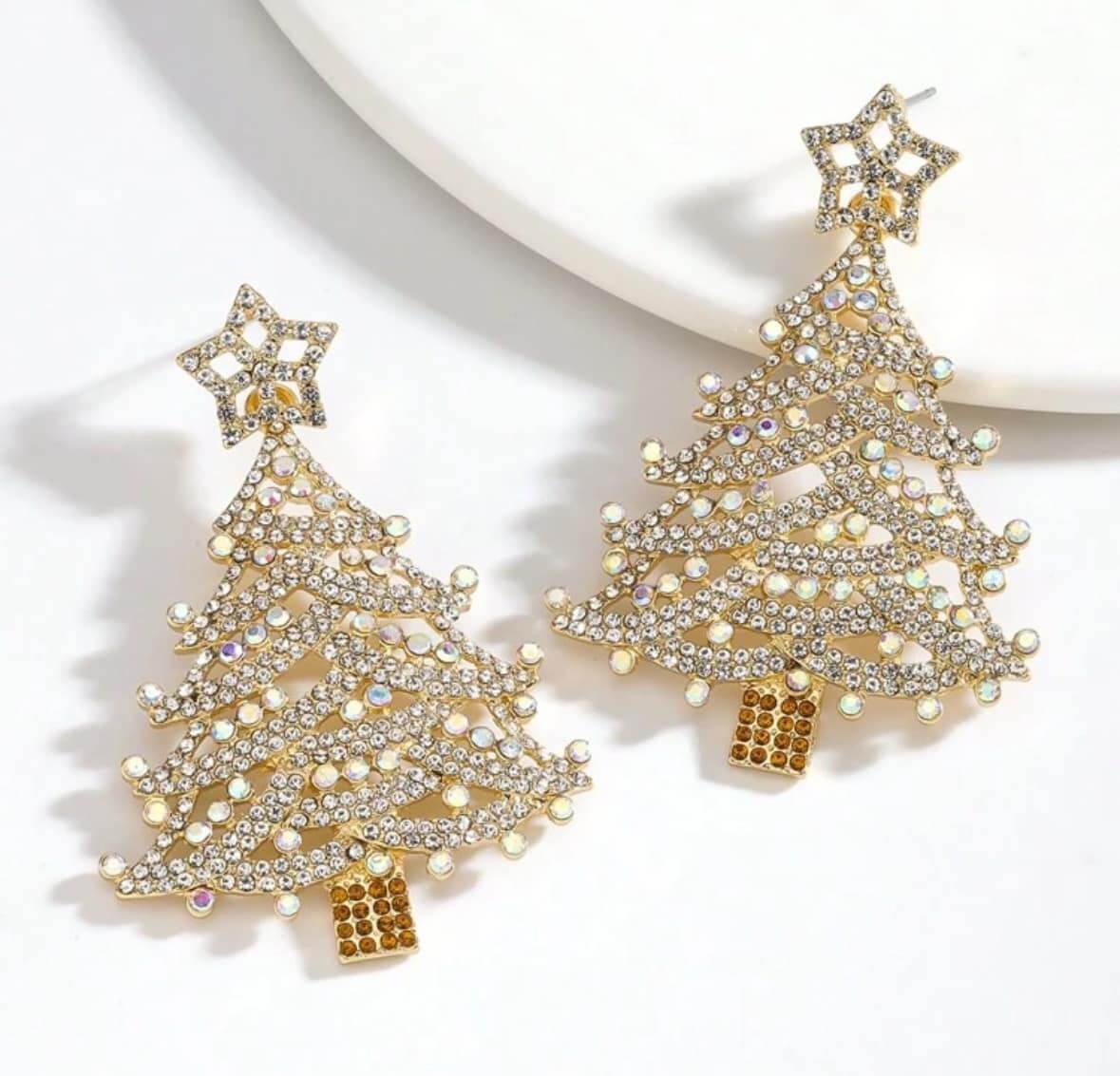 Gold tone Christmas tree earring studs with sparkling crystals, perfect for festive holiday outfits.