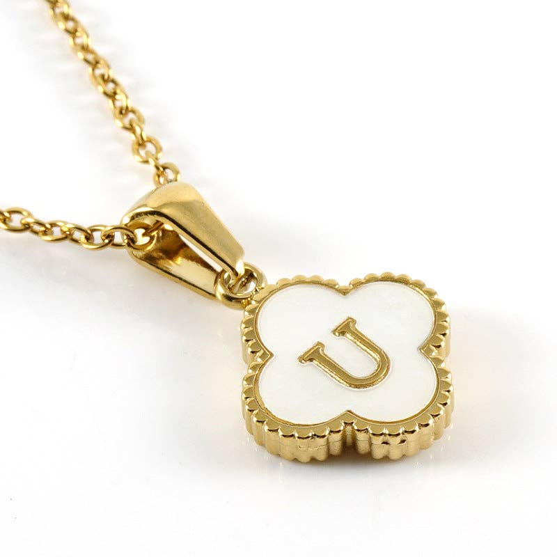 Clover Shell Initial Charm 18K Golden S.Steel Necklace - FGS with white shell and gold pendant
