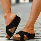 Very G Capri Wedges in Black, showcasing stylish cork platform design and super-padded comfort foam footbed.