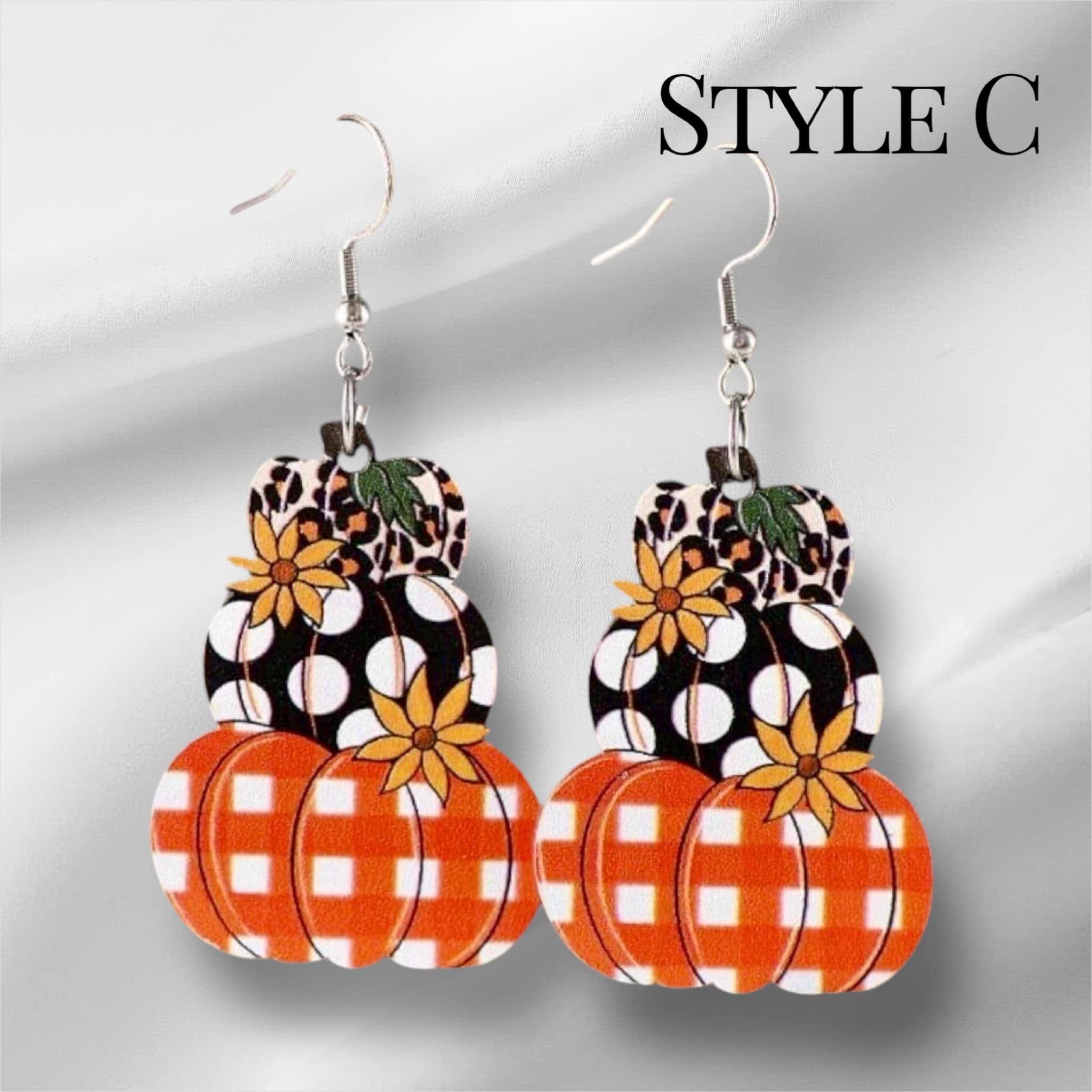 Stack O Pumpkins Style C dangle earrings with checkered and polka dot pumpkin design, perfect for autumn fashion.