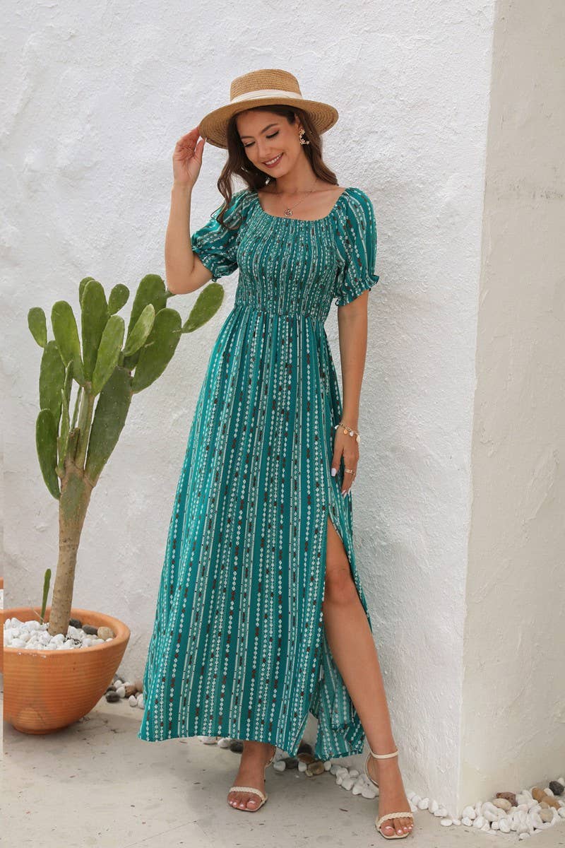 Model in a teal one-shoulder striped slit waist dress, accessorized with a hat and standing beside a potted cactus.