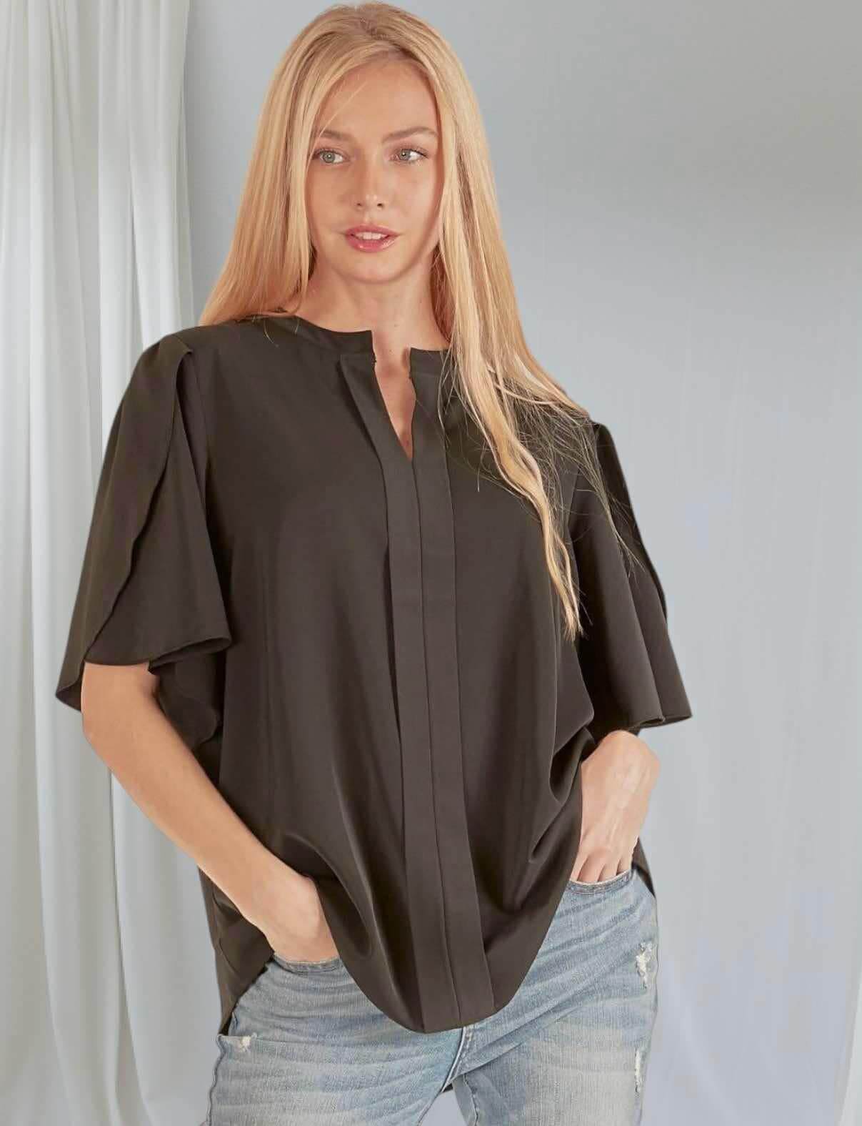 Elegant black blouse with petal flutter sleeves, relaxed fit for comfort and style.