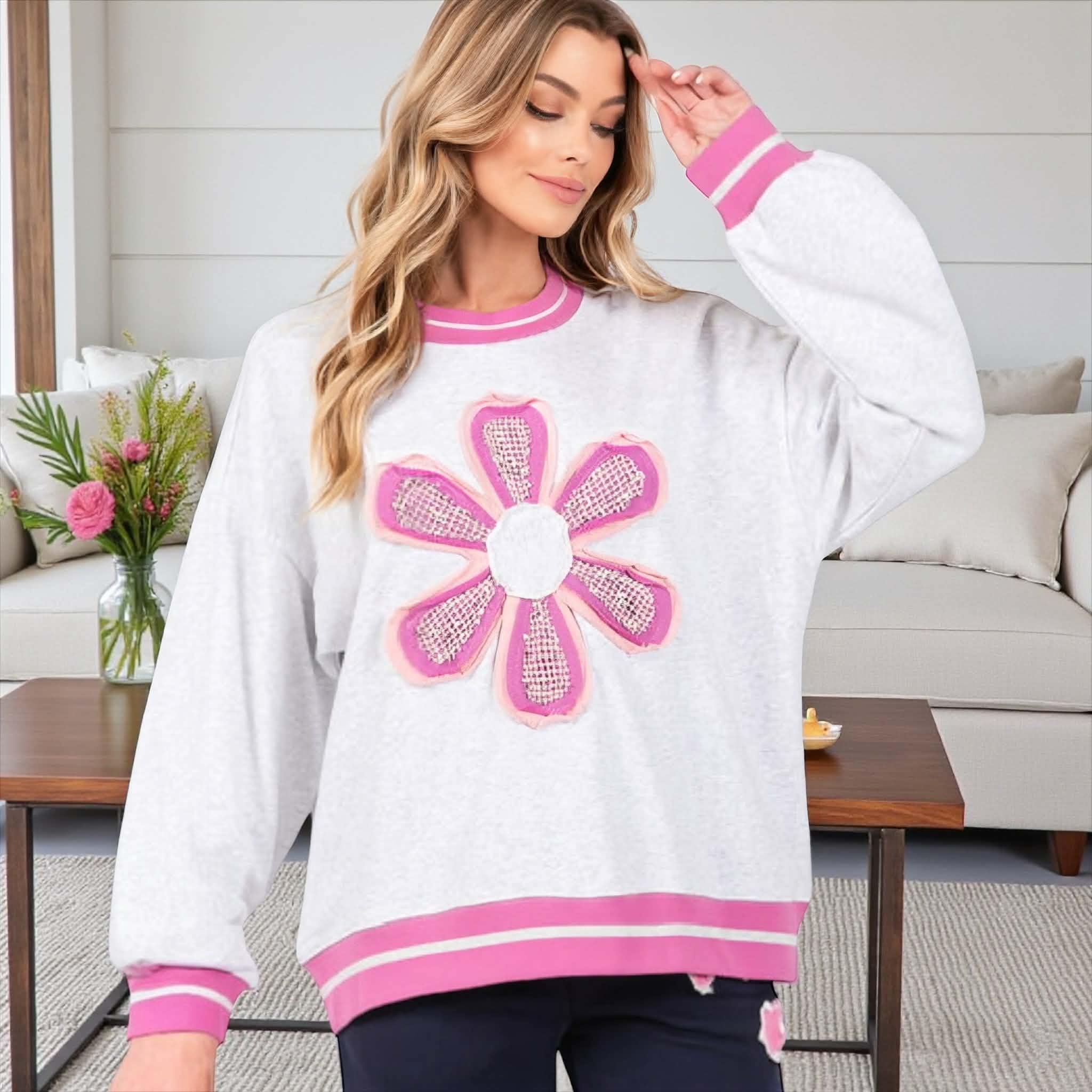DAYDREAM BELIEVER - Sage + Fig (gray) oversized pullover with daisy appliqué for a cozy, stylish look.